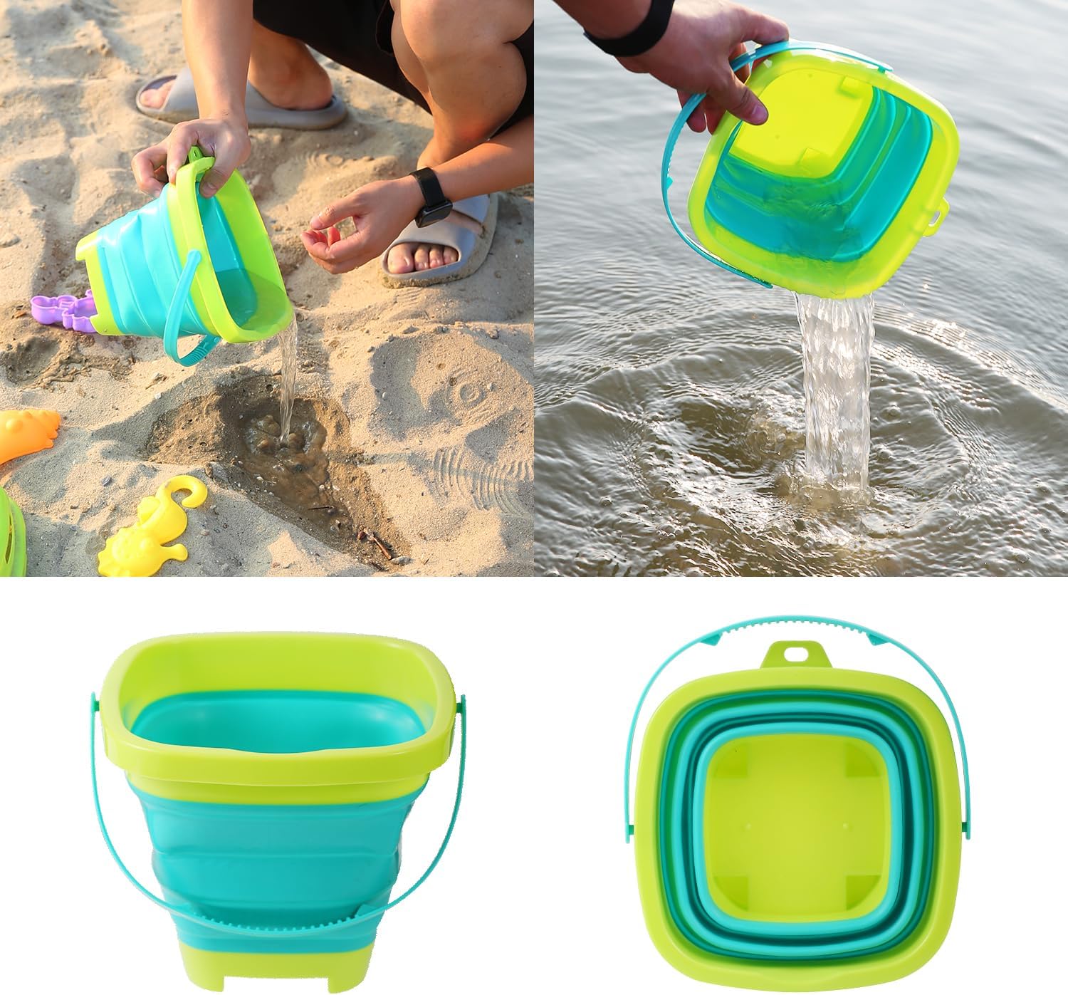 8 PCS Kids Foldable Pail Seabeach Sand Toys Sensory Playset, Portable Sandbox Digging Toys Including Bucket, Shovel, Spoon, 2 in 1 Shell Shark Teeth Sifter & Castle Building Sand Mold Kit for Children