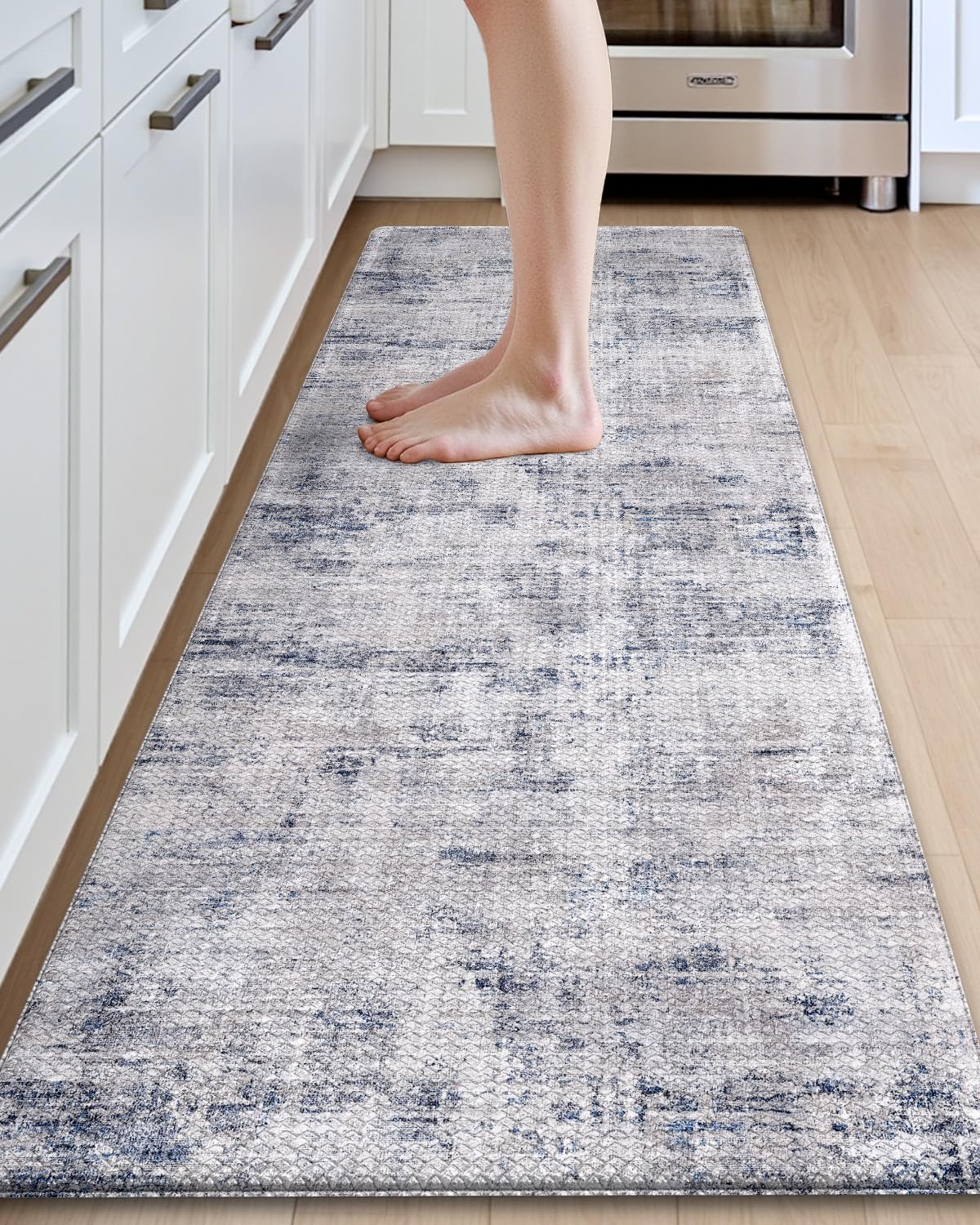 DEXI Kitchen Mats Cushioned Anti Fatigue, 23x86 Floor Padded Runner Rug Non Slip, Waterproof Standing Comfort Memory Foam for Front Sink Laundry, Blue