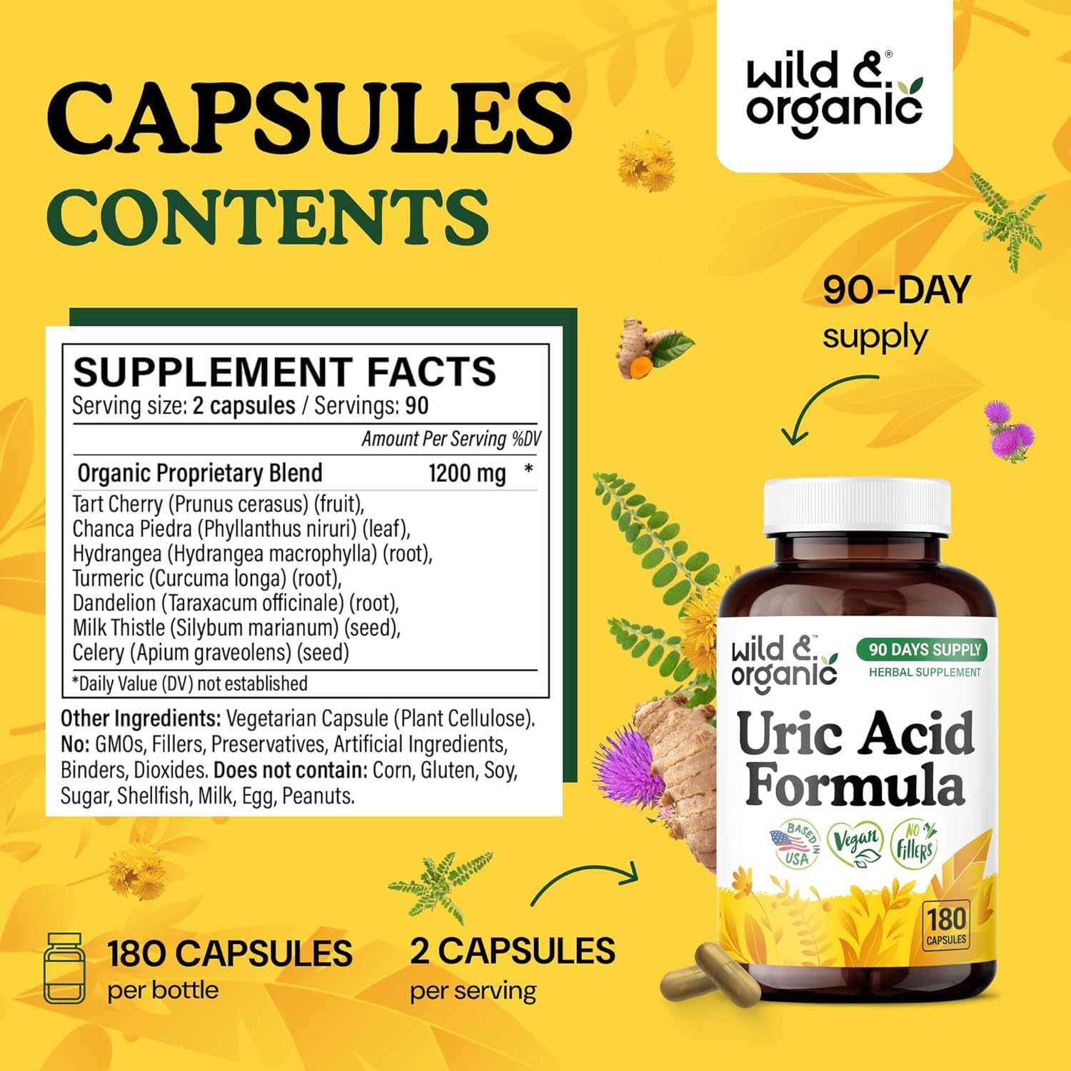 Wild & Organic Uric Acid Formula Capsules - Uric Acid Cleanse Support - Antioxidant Supplement with Tart Cherry Powder, Dandelion Root & Celery - Vegan, No Fillers, Non-GMO - 180 Count