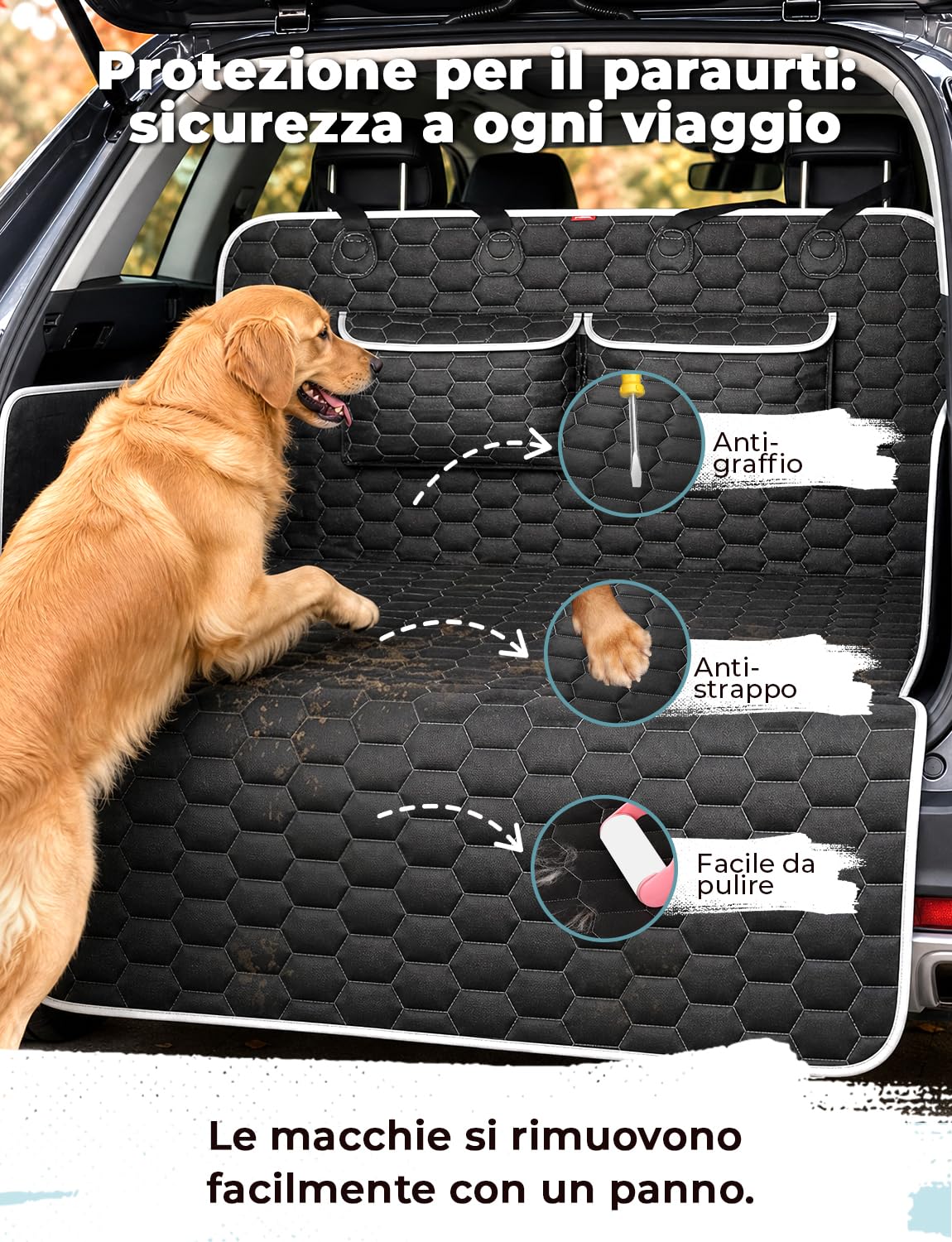Oasser Telo Auto per Cani Bagagliaio con 2 Tasche Grandi,Impermeabile,Antiscivolo,Antipolvere,185 x 103 cm con Protezione Laterale e Paraurti,Lavabile in lavatrice,Universale per Auto e SUV Nero