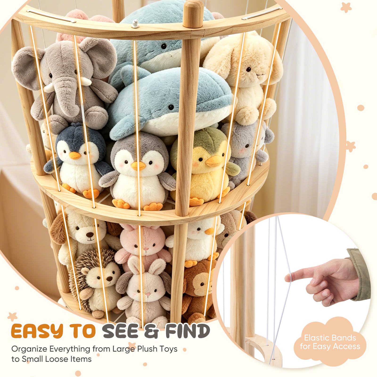 Holz Kuscheltier Aufbewahrung, Stofftier Aufbewahrung Mit 360°Bremse-Ausgestattete Räder, Zweistufig Plüschtier Lagerung für Spielzimmer, Kinderzimmer, Schlafzimmer, Kinderzimmer (95*51 cm)