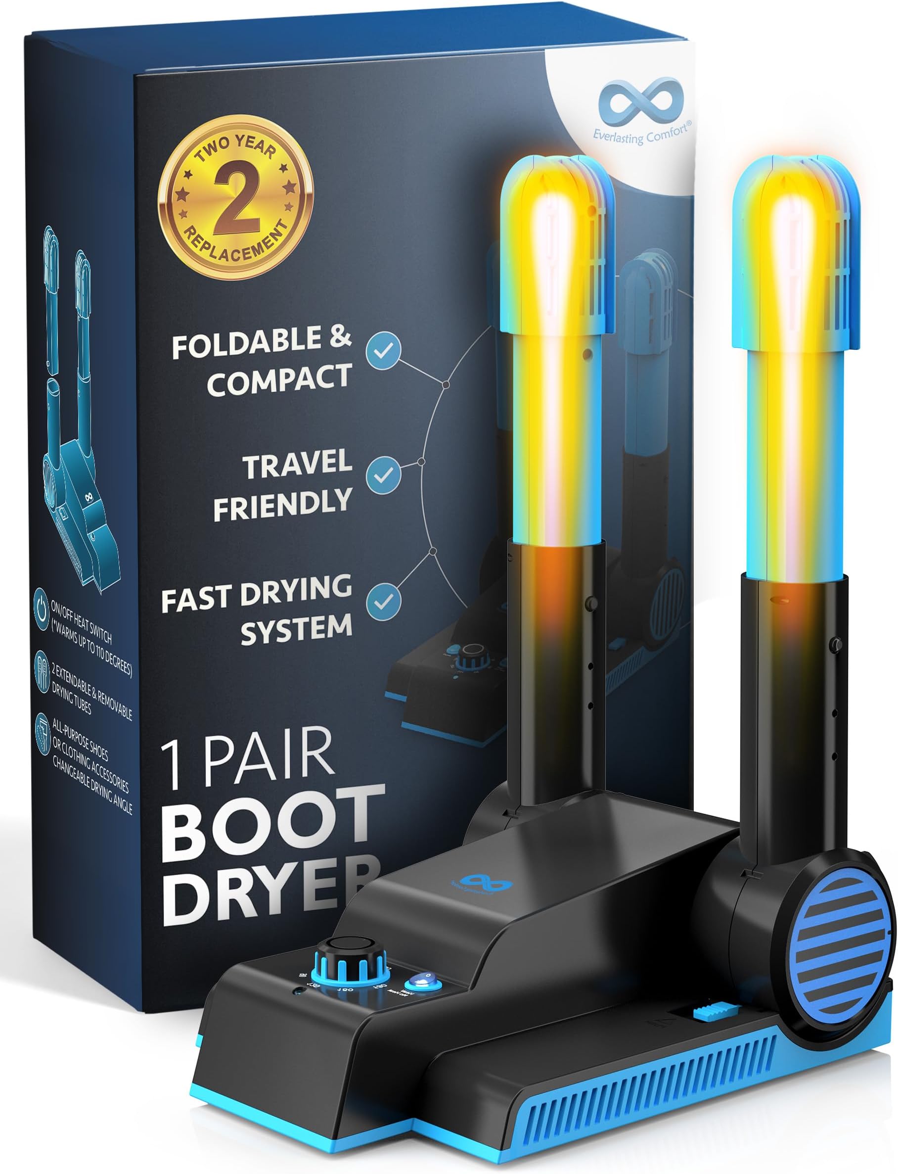 Everlasting Comfort Foldable Compact Boot Dryer & Boot Warmer – Quiet Heat Blower, Easy-to-Use Fast 2-Hour Drying & Deodorizer, Extendable Tubes, Electric Shoe Dryer for Sneakers (1 Pair)
