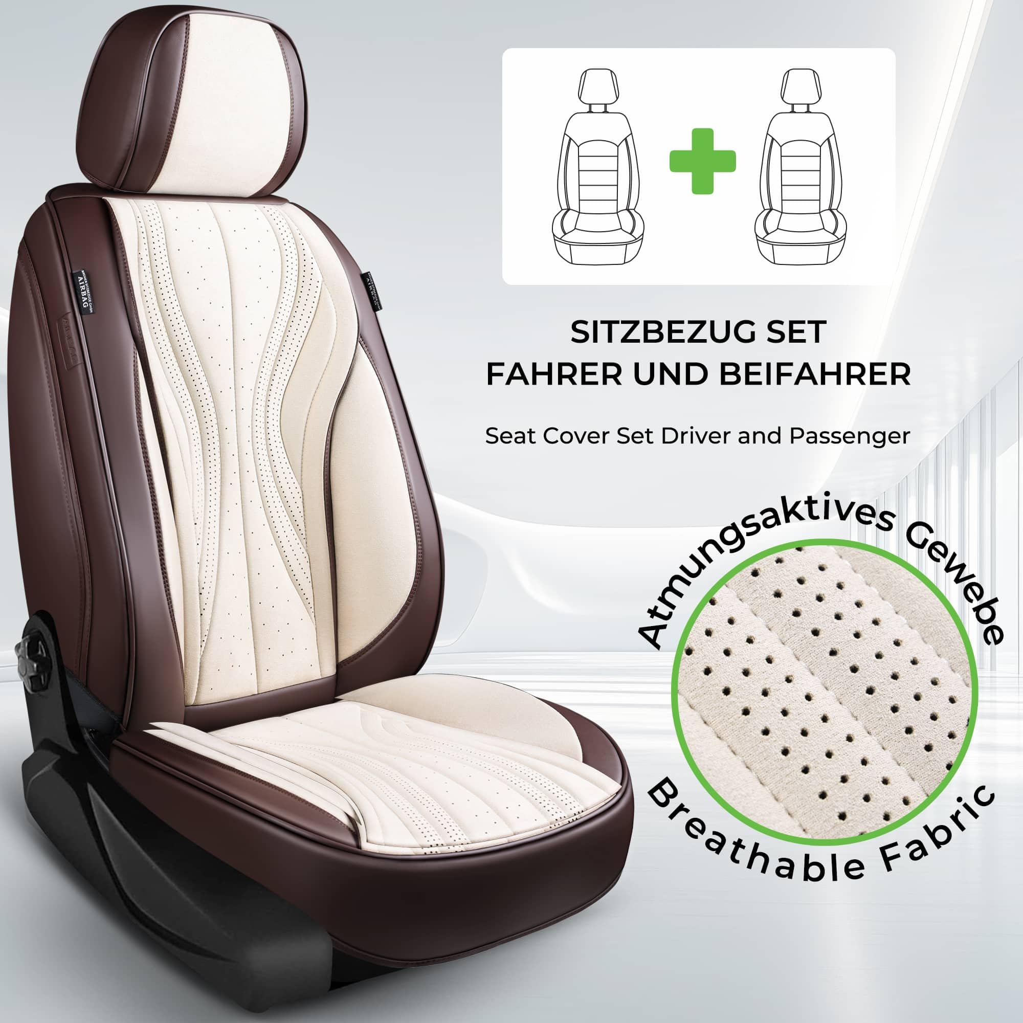 Autositzbezüge Universal für PKW, SUV – Premium Vordersitzbezüge Braun/Beige, hochwertig verarbeitet für mehr Sitzkomfort, Airbag-kompatibel, Schonbezüge für Fahrer & Beifahrersitz mit Rückentasche