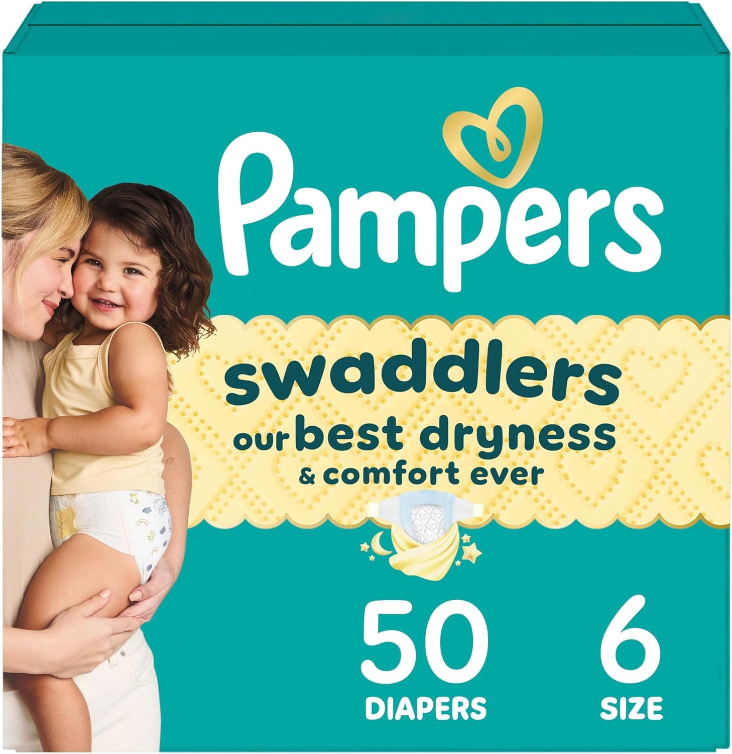 Pampers Swaddlers Diapers, Size 6 (23-44 lbs), 50 Count, Absorbent, Keeps Baby Dry and Comfortable, Skin Safe Disposable Baby Diaper (Packaging May Vary) Size 6 50