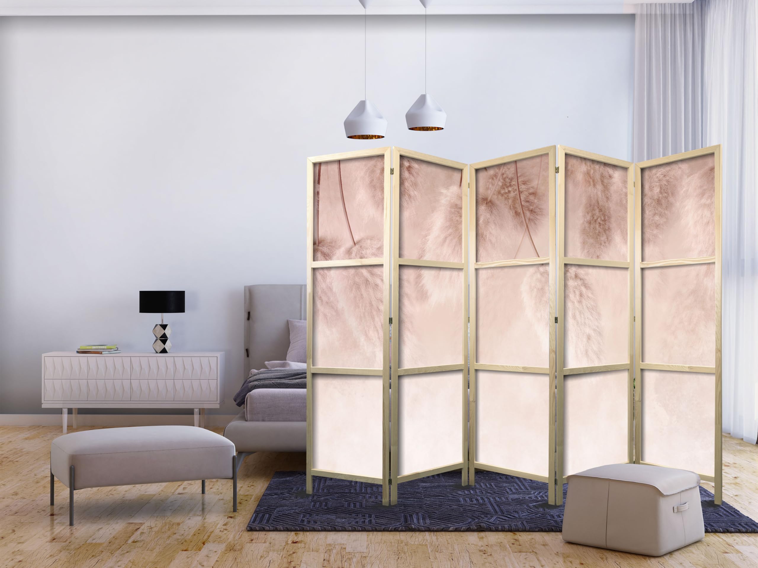 murando - Paravent Raumteiler Holz Gras, 225x172 cm, 5-teilig, Wohnzimmer