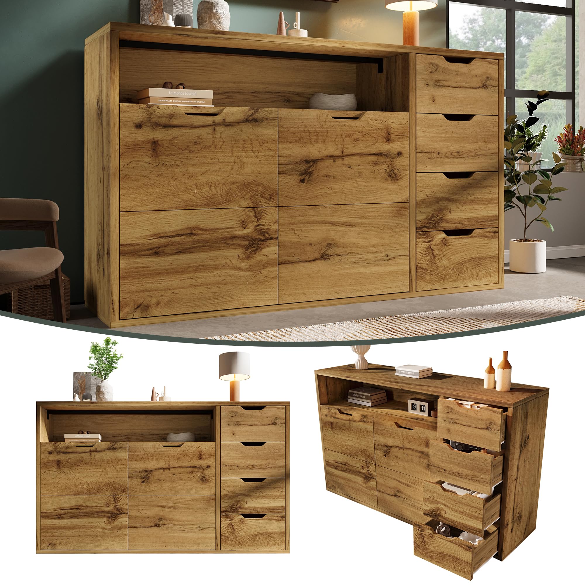 BTM Mobile Contenitore 150x40x90 cm, Rovere, 2 Ante, 4 Cassetti, Ripiani Regolabili