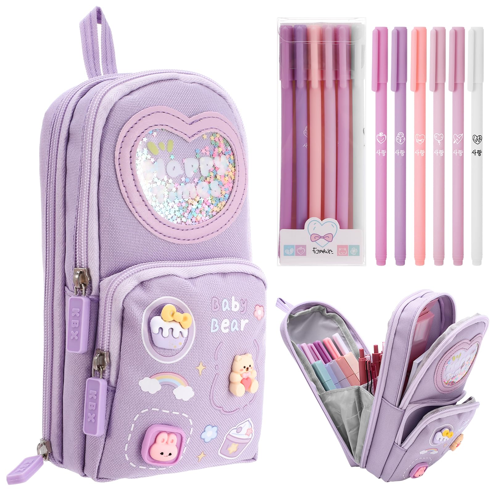 Aesthetic Special Pencil Case with Gel Pens Set, Cute Pen Bag with Compartments Canvas Pen Pouch Organizer with Handle for Girls Women, Purple