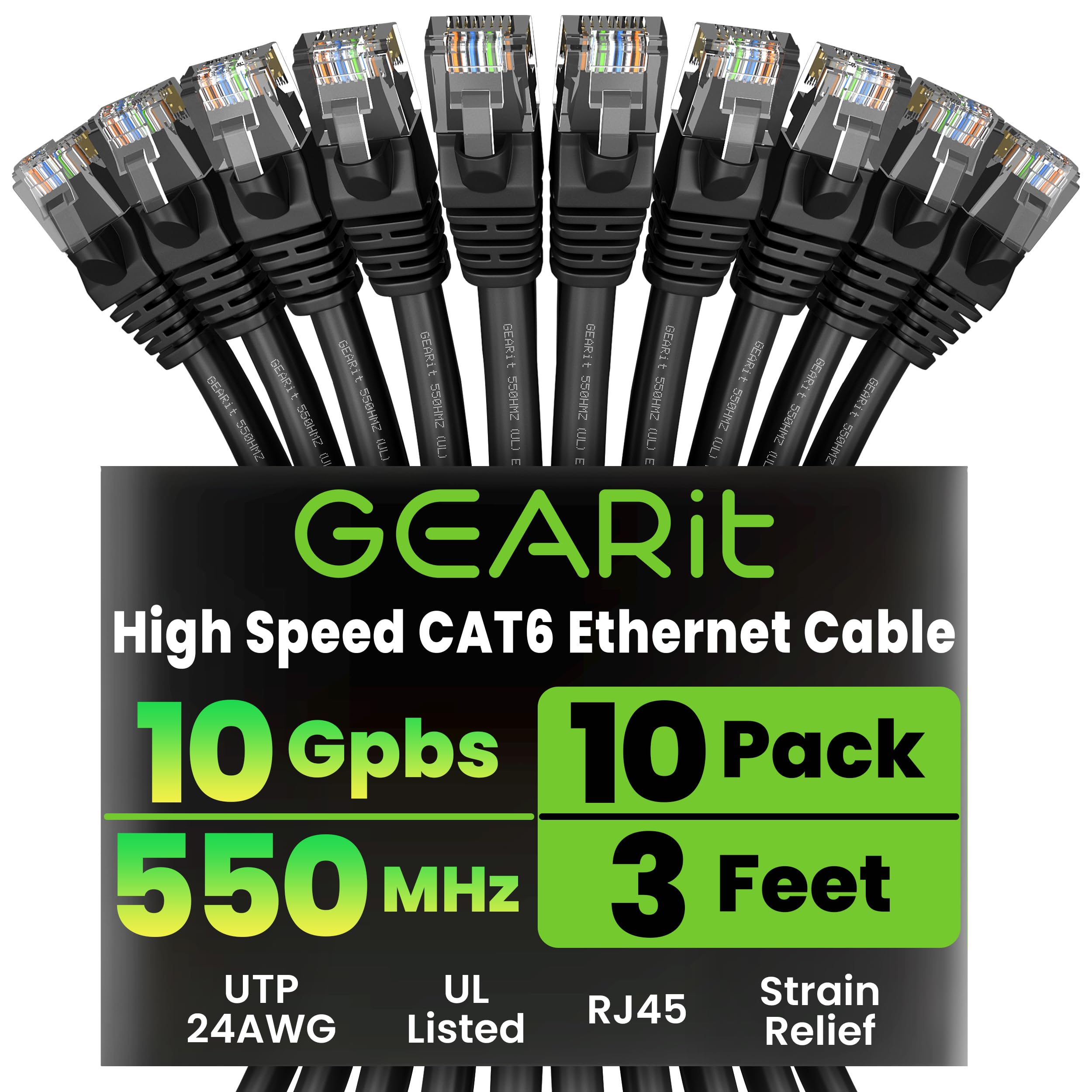 GEARit Cat 6 Ethernet Cable Pack - 10-Pack 3 ft Cat6 Ethernet Patch Cables | RJ45 Network Patch Cable, 10 Gbps Snagless Gold-Plated Connectors - Ethernet Cable Cat 6 for PC, TV, Router - Black