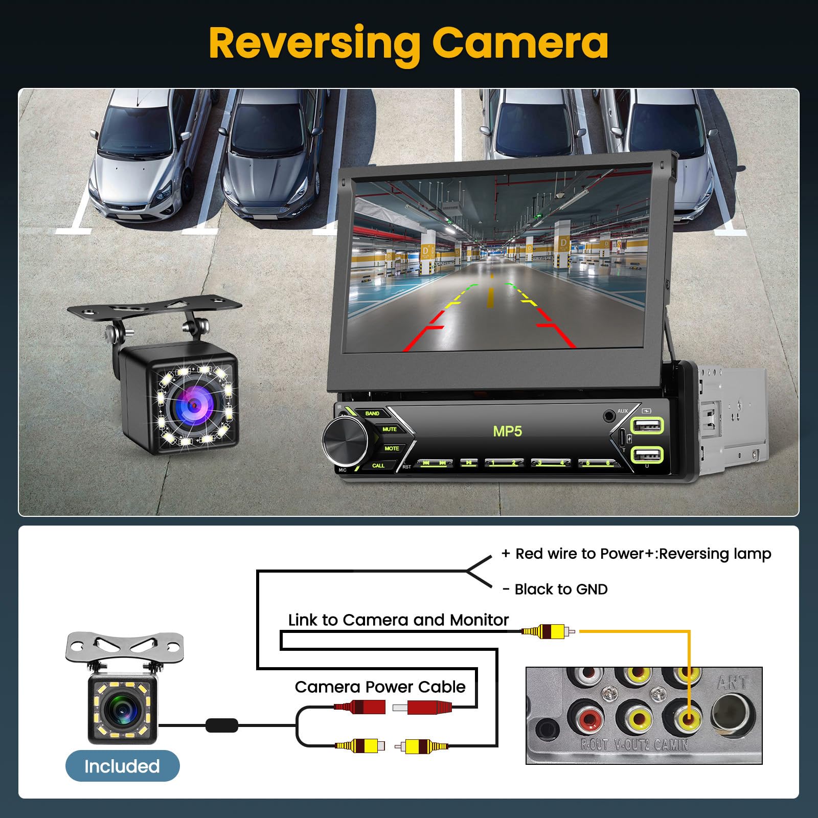 Radio samochodowe 1 Din z ekranem retractowym 7 cali, Bluetooth Flip Out, ekran stereo samochód 1 DIN, obsługuje łącze Mirror Link/Type-C, USB, FM, EQ/AUX, sterowanie na kierownicy z kamerą cofania