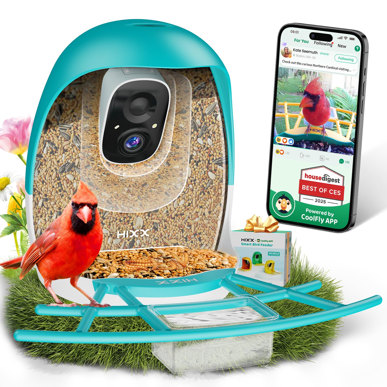 HIXX Smart Bird Feeder with Camera, Lifetime Free AI Identify Birds, Solar-Powered 2K HD Live Camera Video Birds Feeder for Outdoors with Color Night Vision for Bird Lovers Gifts (Blue)