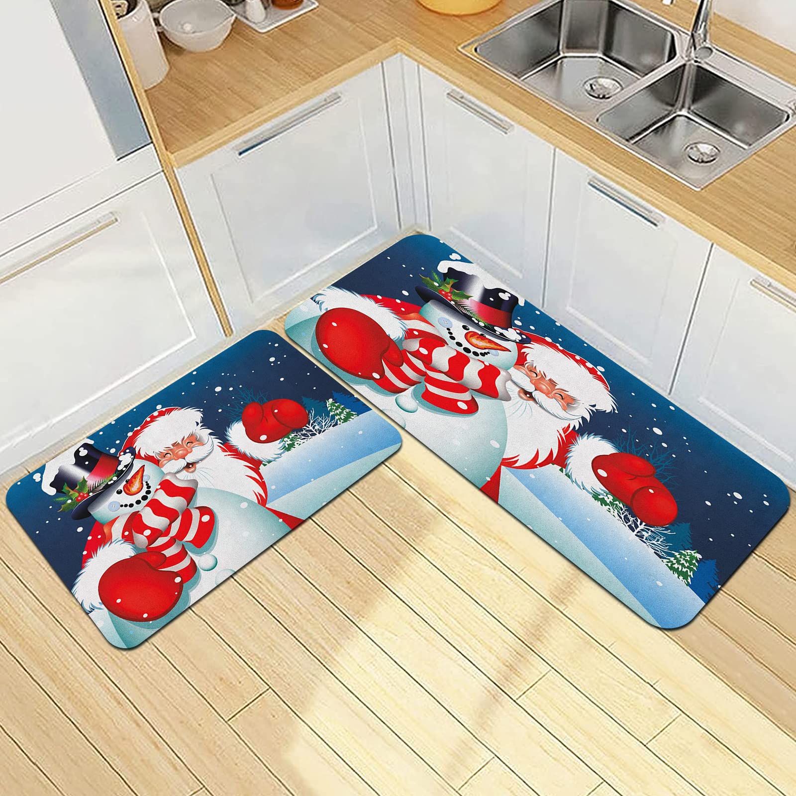 Kitchen Rug Sets Non Slip,Christmas Smiling Santa Claus Hugging Snowman in Cartoon Style Winter Hills Fir Trees Blue Red Whit,Floor Rug for Laundry Room Entryway Kitchen Ultra Soft and Water Absorbent
