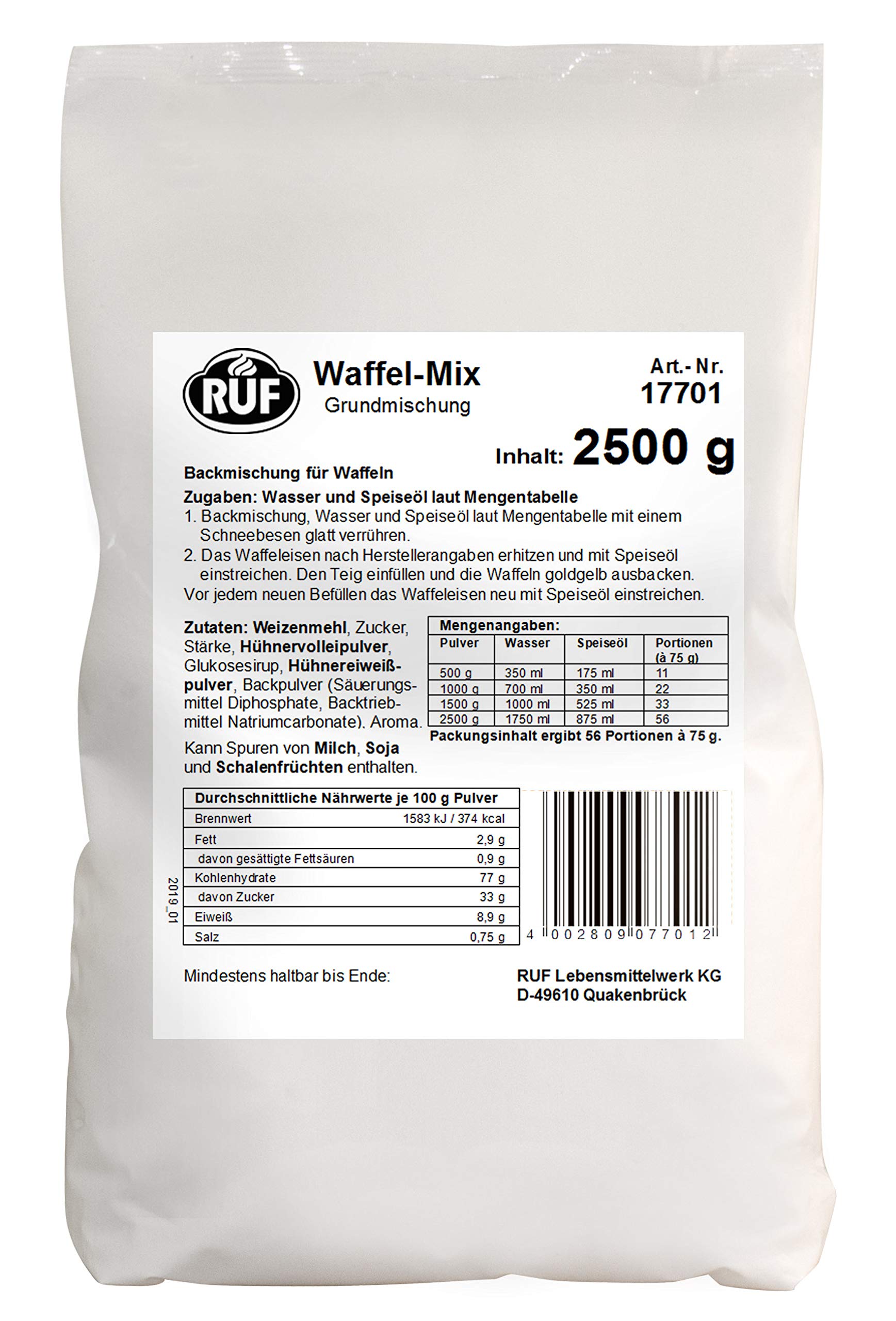 RUF Waffel-Mix, Großpackung, Grundmischung zur Herstellung von Waffeln im Waffeleisen, für Großküchen, Kantinen, Hotels und Restaurants, 1 x 2500g