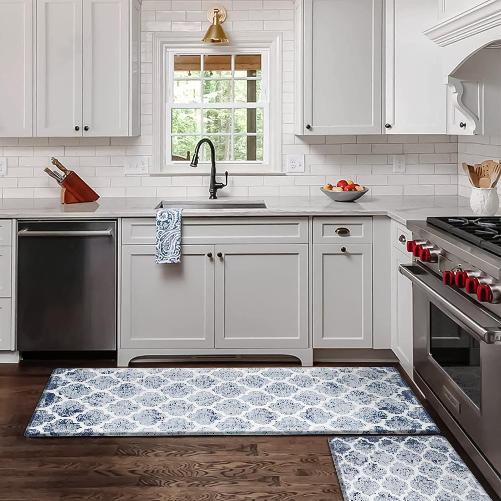 KIMODE Anti Fatigue Kitchen Mat,Blue Kitchen Rugs Sets of 2, Moroccan Kitchen Mats for Floor, Kitchen Floor Mats Non Slip Waterproof,Cushioned Standing Desk Mat for Laundry,Sink,Office