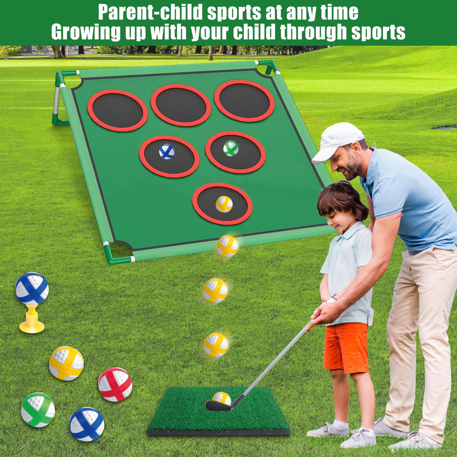 Mostop Juego de juego de golf – Juego de Cornhole para patio trasero incluye alfombrilla de putt, 20 bolas adhesivas, 6 fundas de agujero, bolsa de transporte, juegos de patio de golf para adultos
