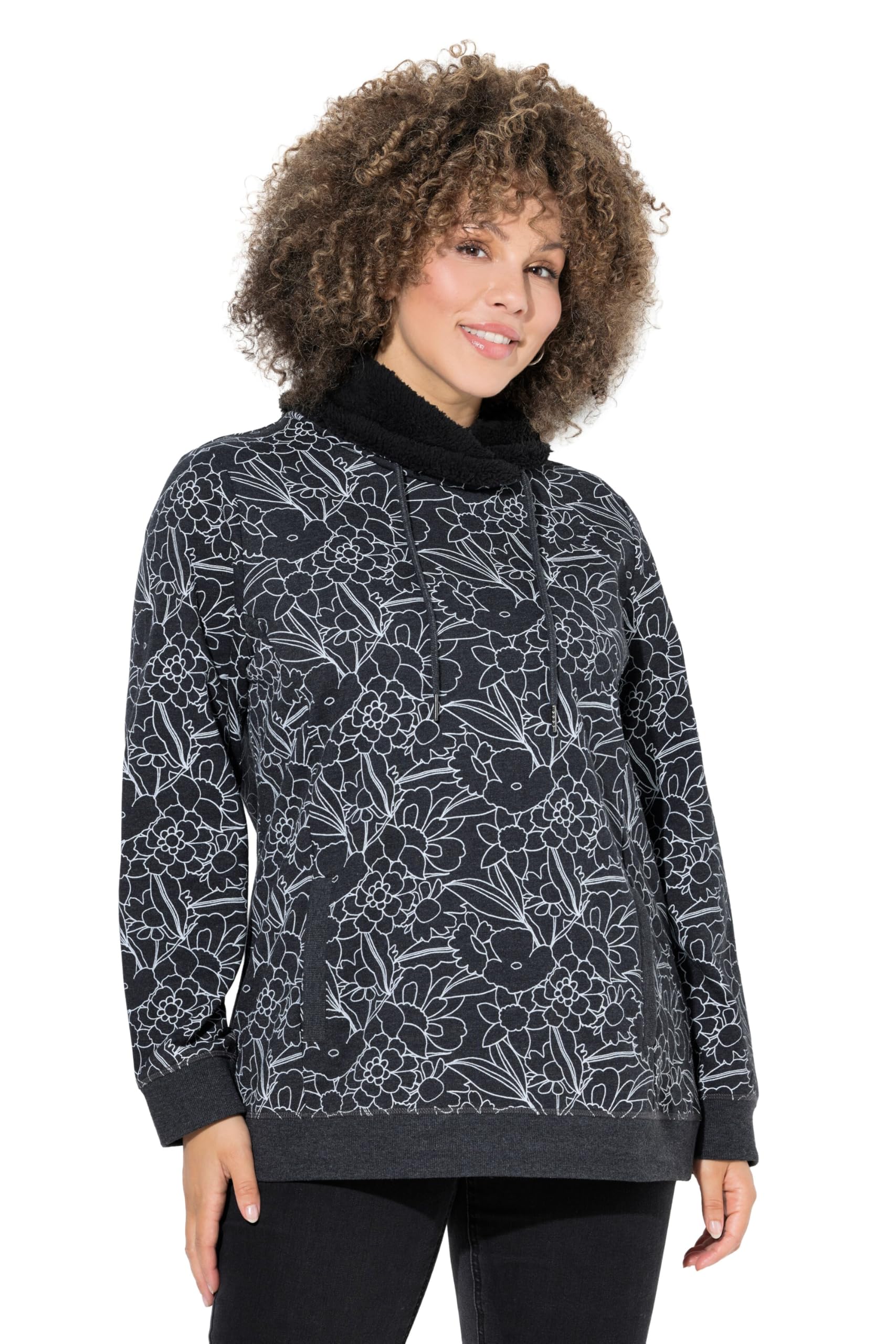 Ulla Popken Damen große Größen Übergrößen Plus Size Sweatshirt, Bedruckt, Teddy-Stehkragen, Langarm 843933