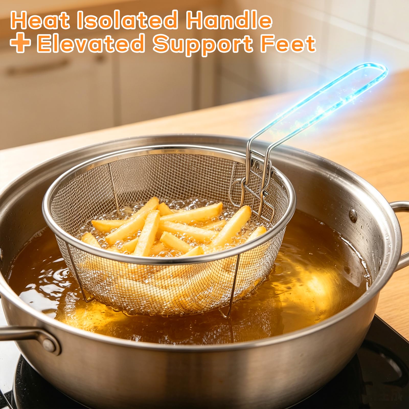 MAGICLULU Cestino rotondo in acciaio inox da 22,9 cm con manico staccabile, resistente cestello per friggere profondamente per cucinare casa, ristorante, patatine, anelli di cipolla, lavare verdure