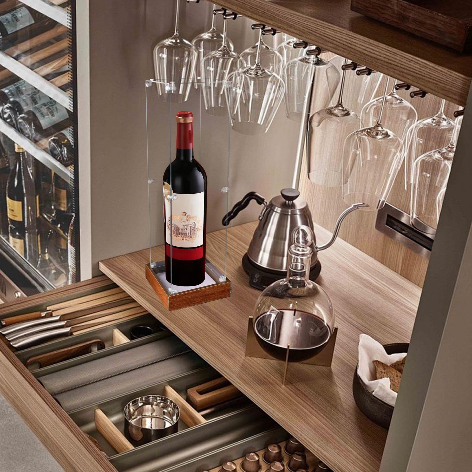 Vitrine à Bouteilles de vin en Acrylique avec Socle en Bois Boîte de présentation pour Bouteilles de vin Rouge Étanche à la poussière pour hampagne, liqueurs, Whisky, bière 10x10x35 cm