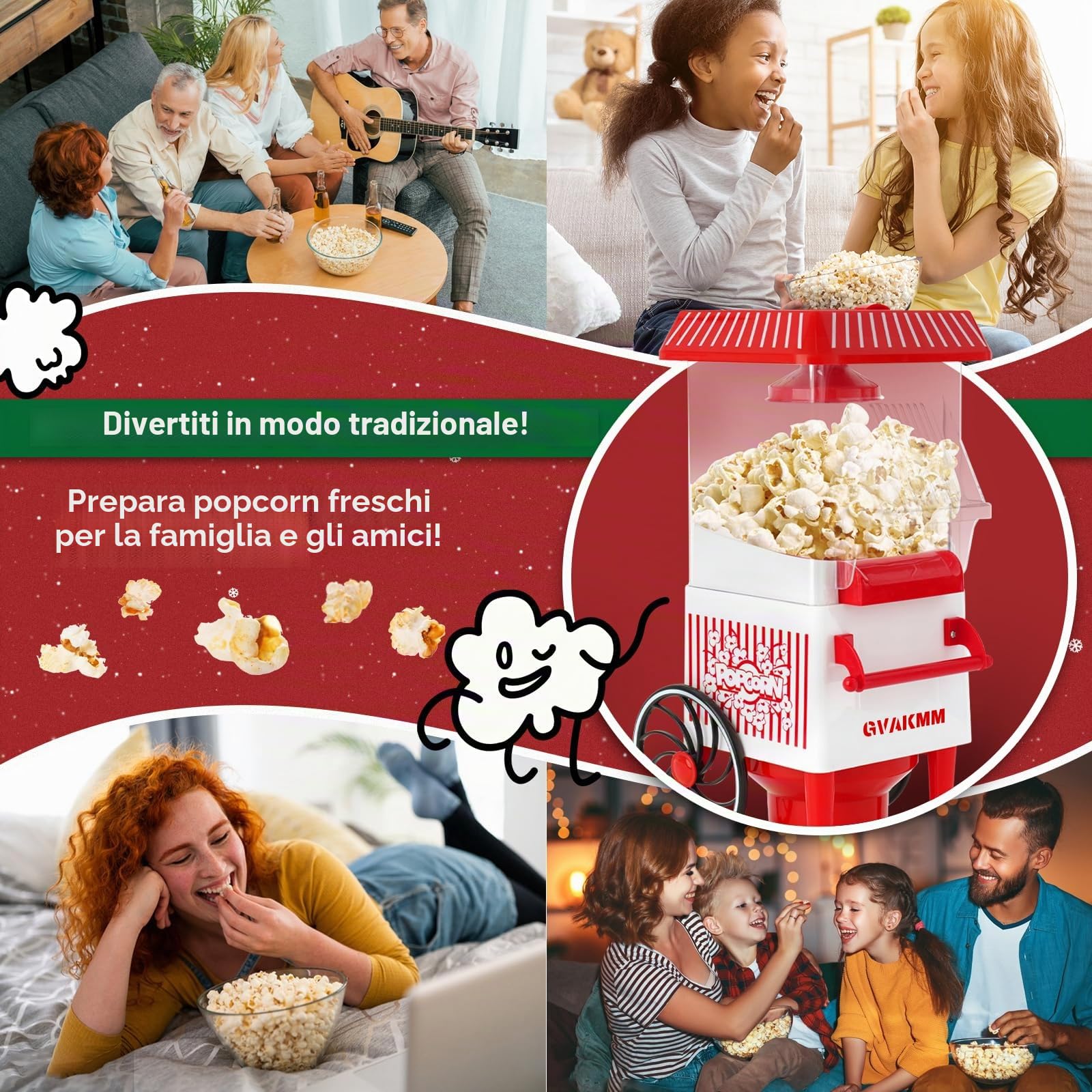 Macchina per popcorn, kit per popcorn ad aria calda, scatola regalo portatile, macchina per popcorn domestica, 10 tazze, senza olio, stile retrò, compatta EU