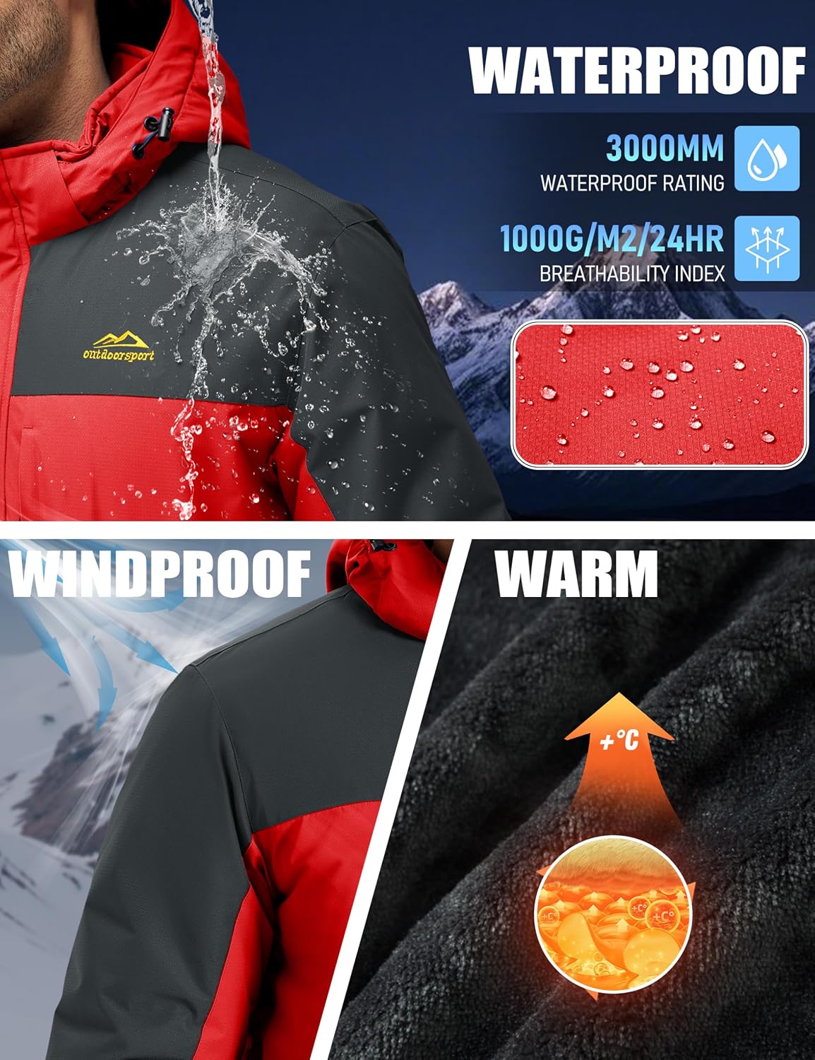 MAGCOMSEN Men's Winter Coats Ski Snow Waterproof Jackets Fleece Warm Snowboard Hooded Jacket Parka Raincoats 9 Pockets