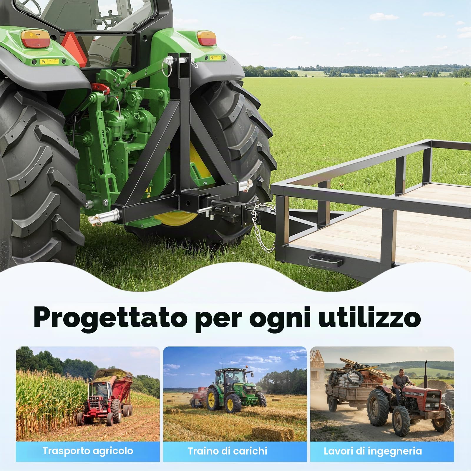 Adattatore per gancio di traino a tre punti, 2" con attacco euro, trattori per prati con 3 perni di frizione, adattatore per trattore a tre punti, accessorio per rimorchi e attrezzature agricole