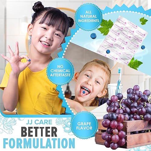 Miniatura 3 de JJ Care Tabletas reveladoras de placa para dientes, 150 unidades, tabletas de revelación de placas envueltas individualmente para niños que cepillan