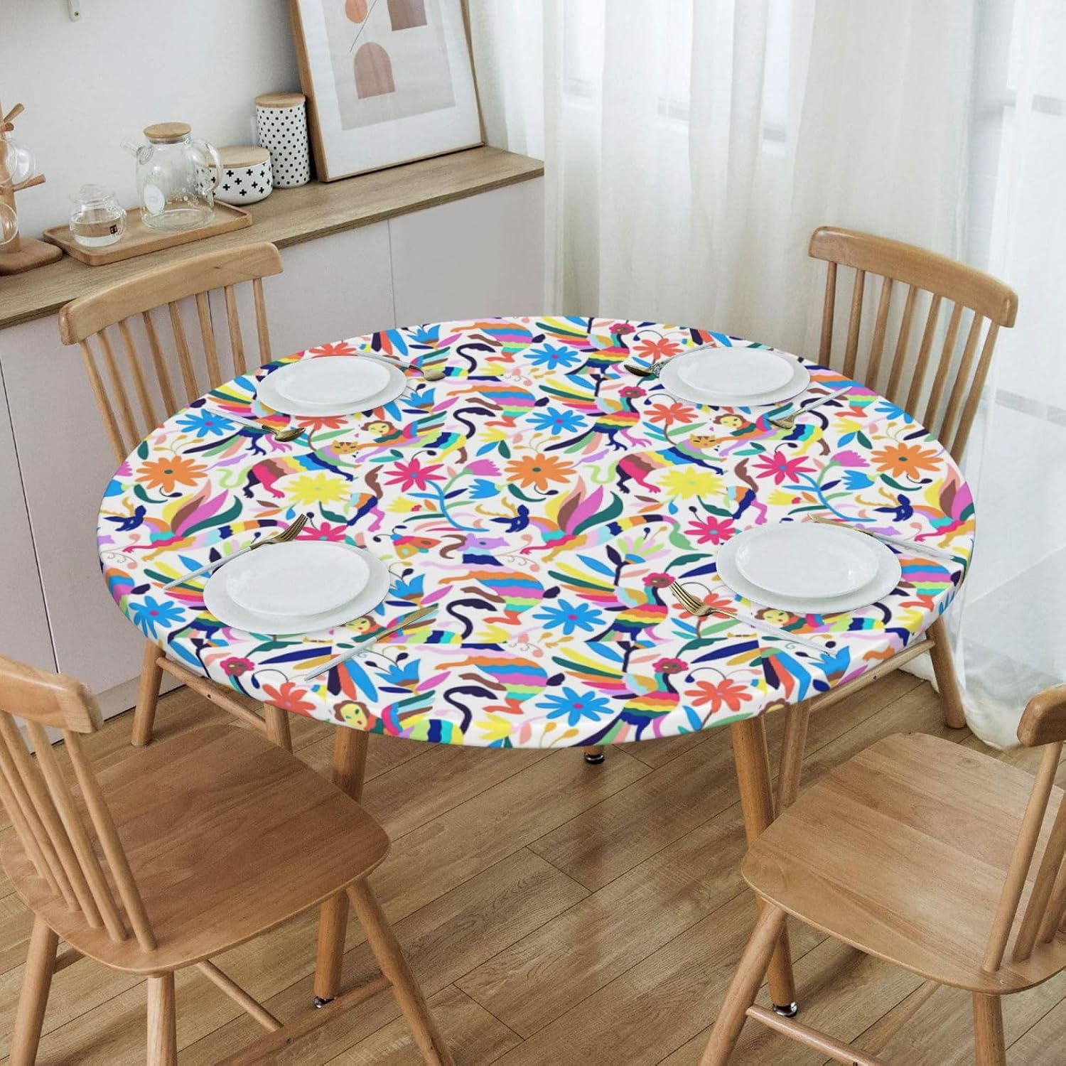 Mexican Otomi Animals Print Outdoor Patio Kitchen Decor Supplies Wipeable Round Table Cloth for Indoor Outdoor
