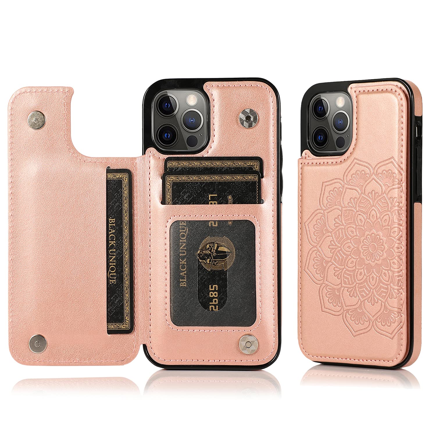Felico Case Compatible with iPhone 13 Pro Max, [Card Holder] Premium Wallet PU Leather Protective Cover, Embossed Mandala Pattern Flower Double Magnetic Button Shockproof Flip Cases 6.7 Inch Rose Gold
