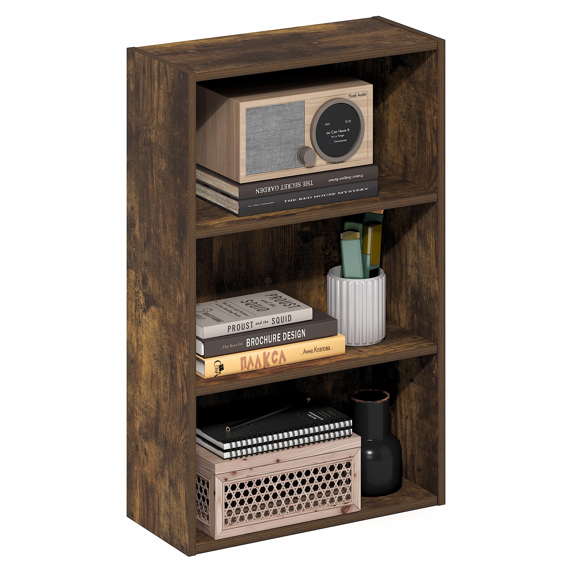 Furinno Basic Book Shelf, 3-Tier Bookshelf, Cube Storage Organizer Bookcase with Open Shelf, 7 x 17 x 26, for Living Room, Bedroom, Home Office, Amber Pine