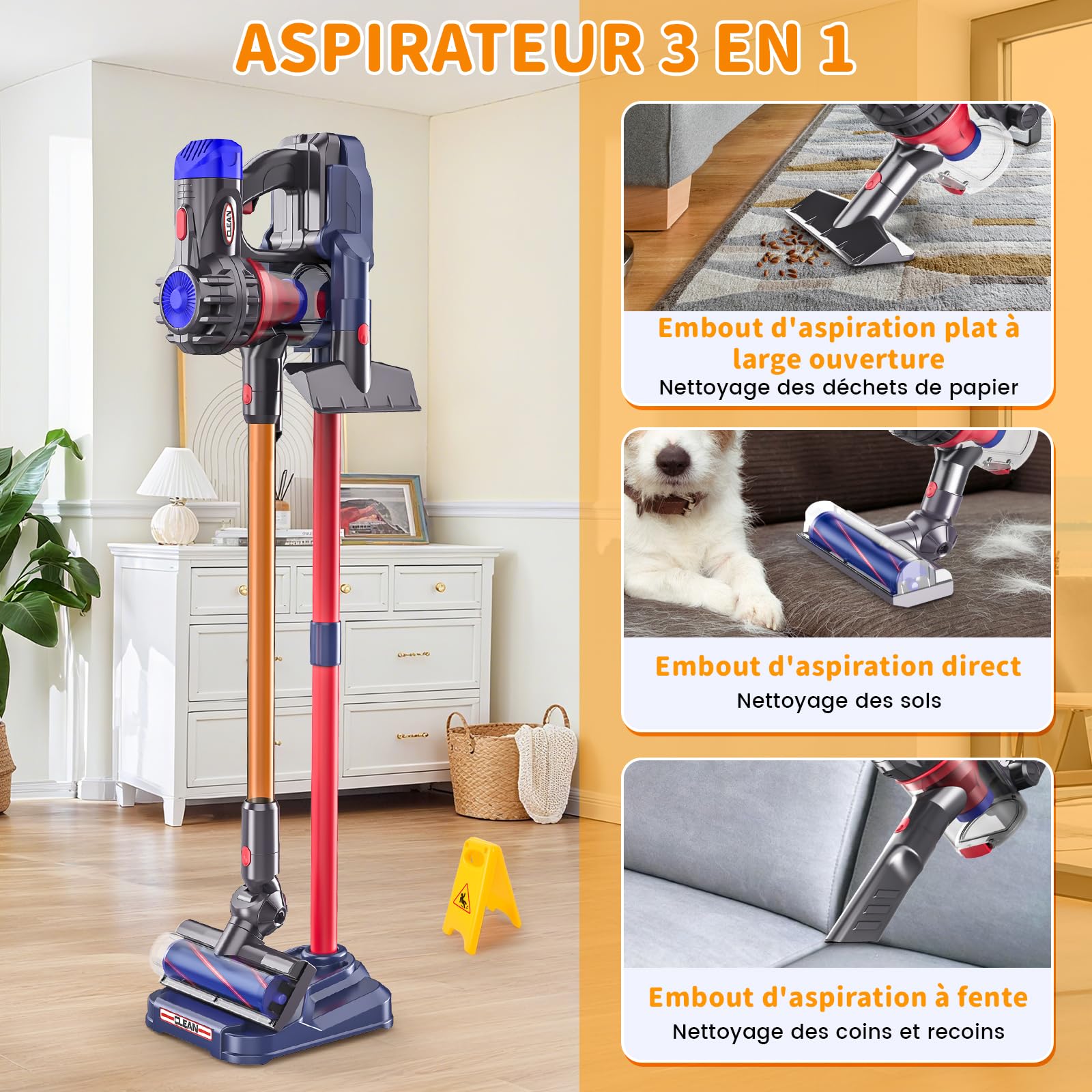 Aspirateur Électrique Jouet, 3-en-1Aspirateur Enfant Fonctionnel, Kit Menage Vrai Aspirateur Enfant, Jouet Éducatif pour Cadeau pour Garçons et Filles de 3 à 6 Ans
