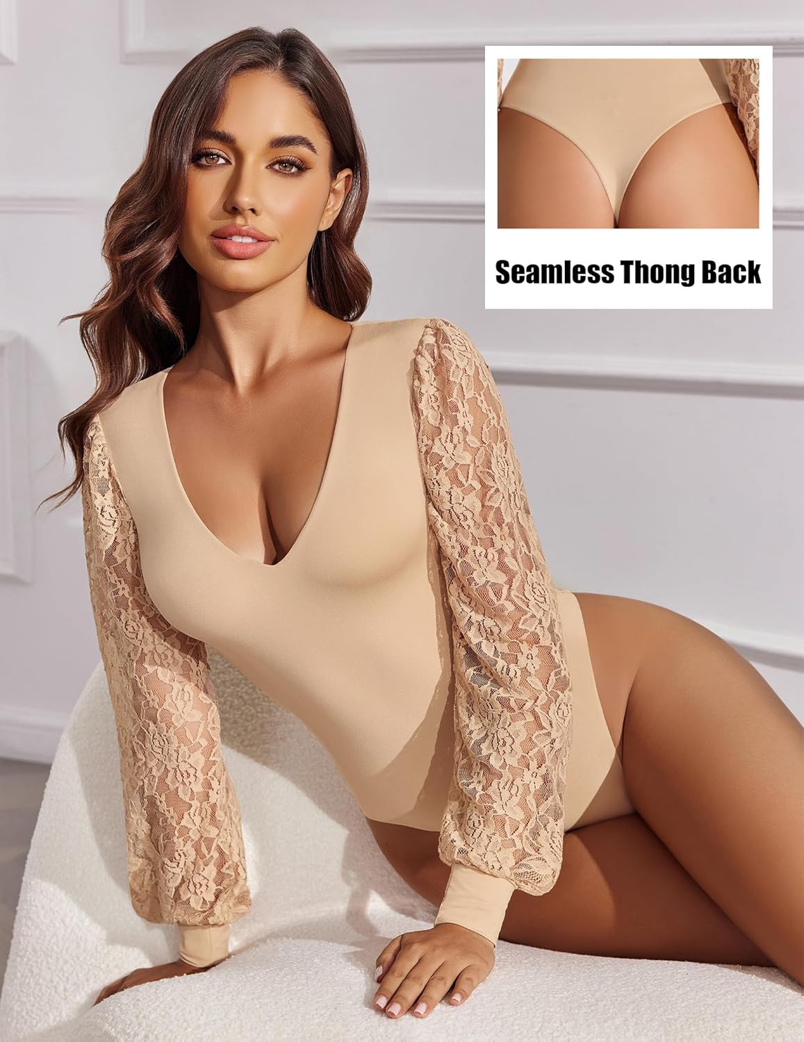 Avidlove Womens Long Sleeve Bodysuit Double Lined V Neck Lace Puff Sleeves Going Out Top Shirts Thong Leotard Body Suit - Image 3