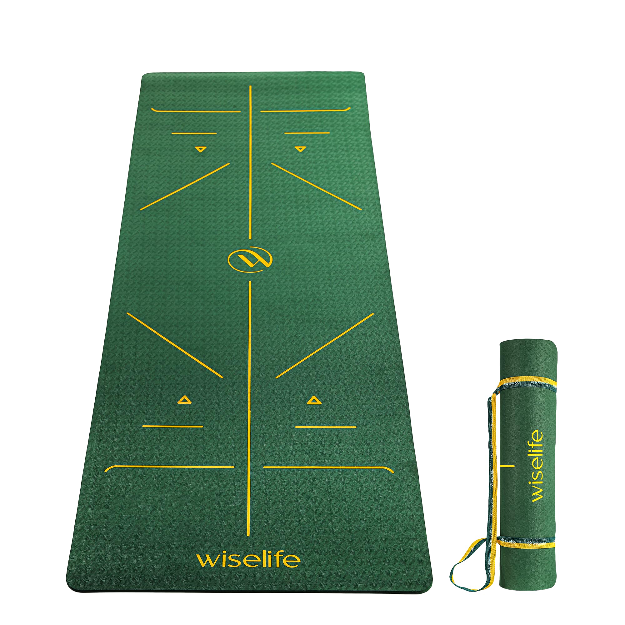 WiseLife TRUE Body Alignment Yoga Mat + Sleek Yoga Strap for Men and Women | Non-Slip Textured Extra Wide & Thick | Pro Balance TPE Exercise Mat For Home, Pilates, Gym & Fitness (6mm, Green)