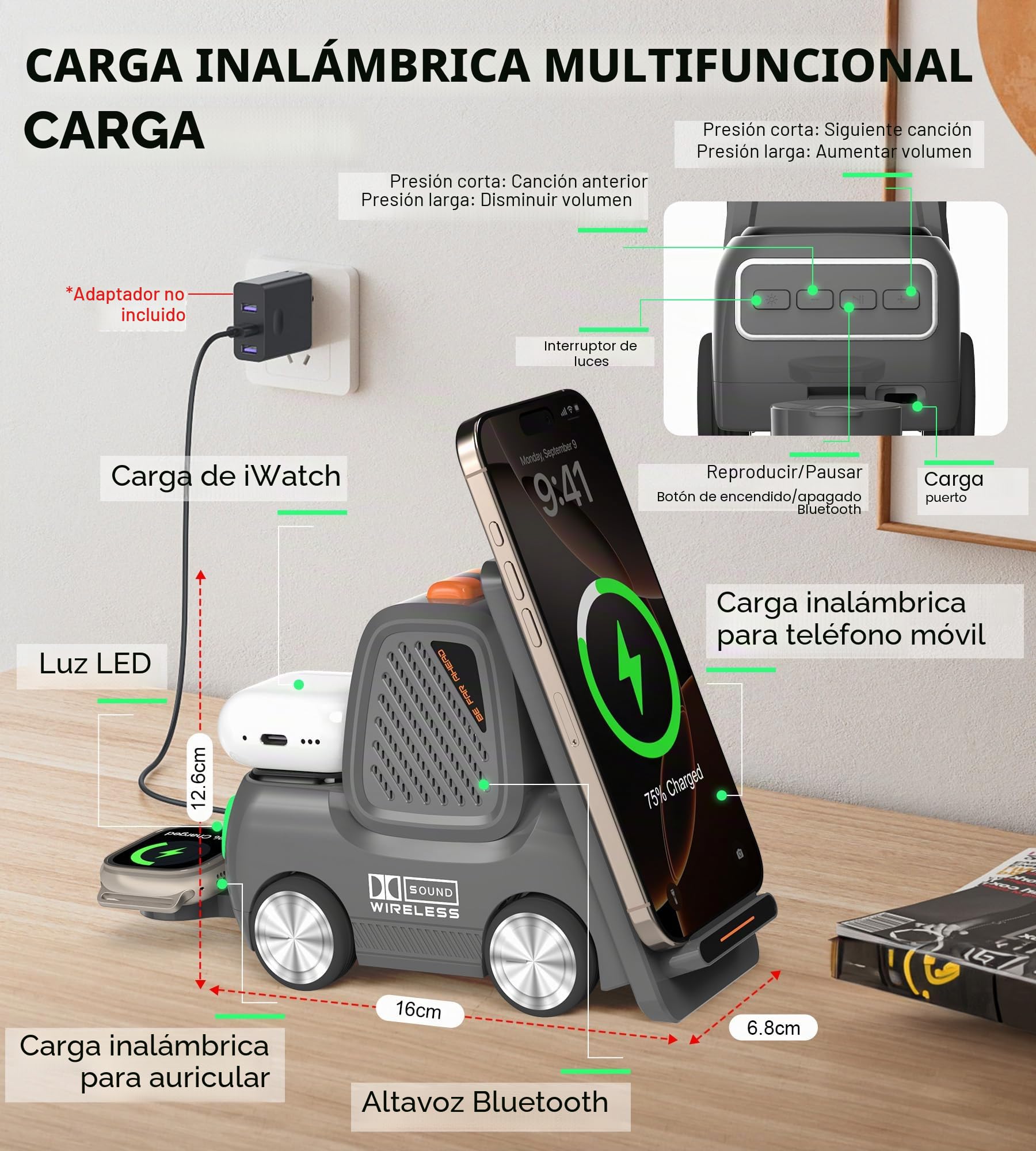 Estación de carga inalámbrica para montacargas con altavoz Bluetooth, cargador rápido inalámbrico 4 en 1 para múltiples dispositivos, compatible con iPhone 16 15 14 13 Pro Max Series, Apple iWatch