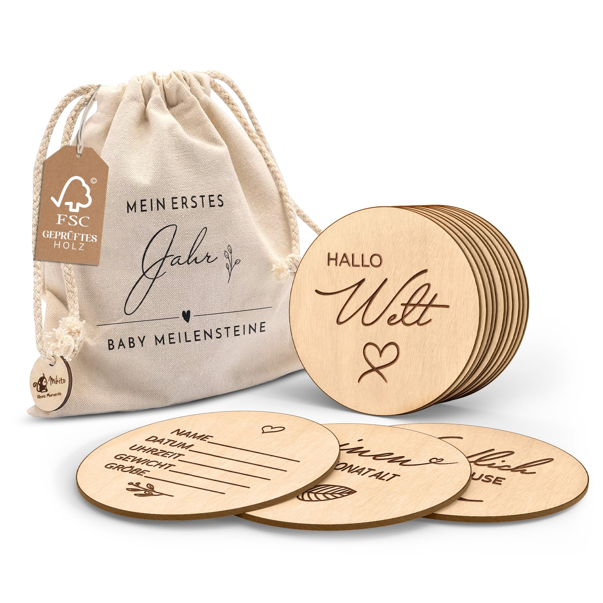 Holz Meilensteinkarten Baby auf deutsch - 30 Meilensteine auf edlen Holzscheiben als Geschenk zur Geburt/zur Babyparty für Schwangere, werdende Mütter, werdende Eltern.