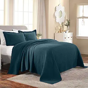 Superior Cotton Fleur De Lis Bedspread Set, Warm Blankets, All-Season Bedding, Bedroom Decor, Decorative Boho Medallion Coverlet, Includes 1 Bedspread, 2 Pillow Shams, Queen, Deep Sea