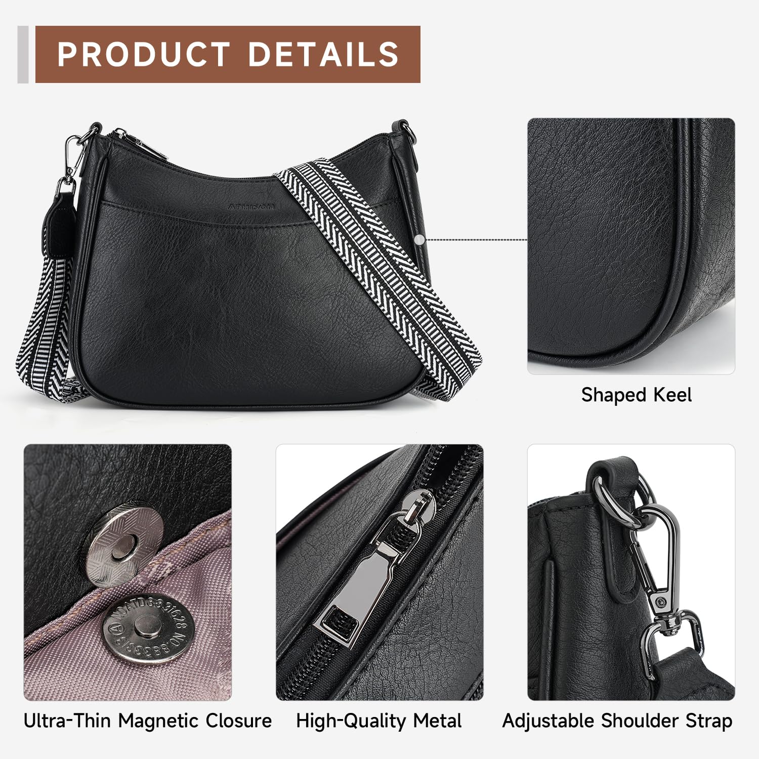APHISON Klein Crossbody Bag mit Breitem Gurt Schultertasche Umhängetasche Damen veganem Leder schwarz Handtasche Tasche mit Abnehmbarem Schultergurt Kartenschlitz Reisetasche