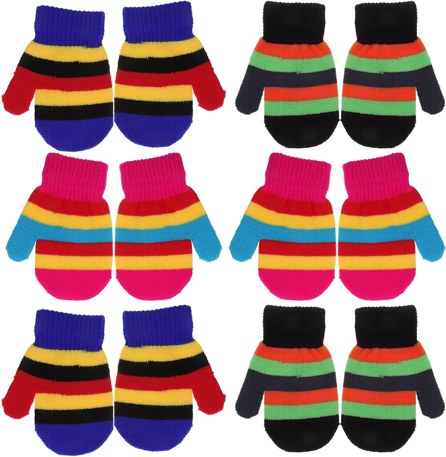 6 Pairs Winter Warm Knitted Gloves Lightweight Outdoor Hand Protectors for Boys and Age Stretchy Full Finger Gloves in Black Sky Blue and Rose Red