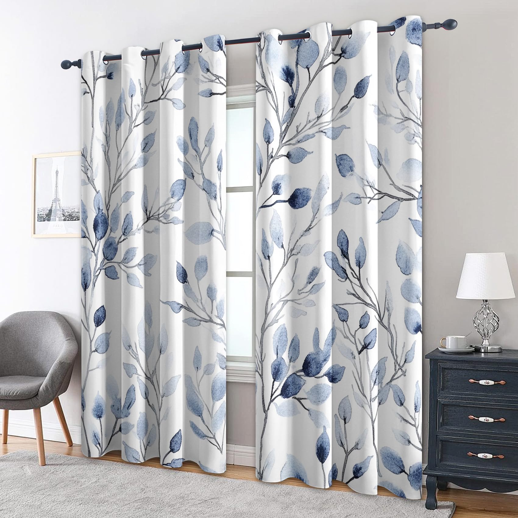 Leaf Curtains Bedroom, 90 x 108 - Plant Blue Blackout Curtains & Decor, Living Room, Eyelet Patterned Window Drapes, 108 Inch Drop 2 Panels （PUI35）