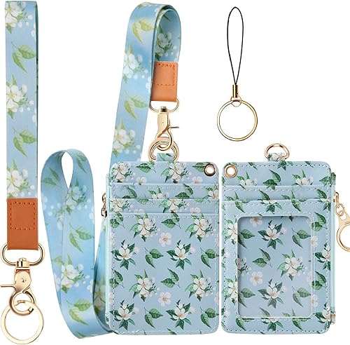 Funda porta tarjeta de identificación de piel sintética con 1 ventana para identificación, 2 ranuras para tarjetas, 2 llaveros y correa para el