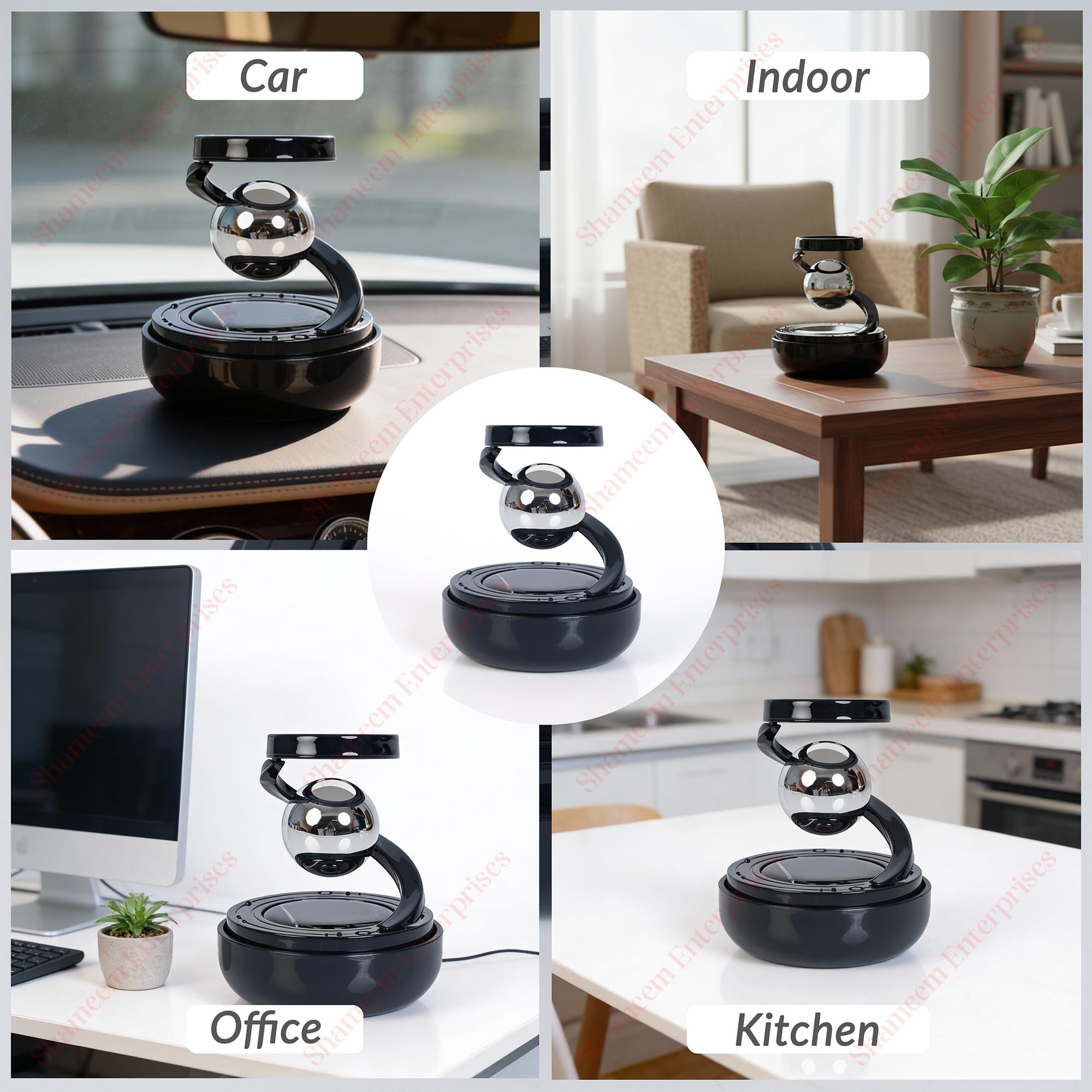 Car Aromatherapy Diffuser, Portable Mini Air Purifier with Solar Panel, Spiral Design, Natural Plant Aroma, Black and Chrome 2