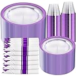 I00000 350 Pcs Clear Purple Plates for 50 Guests, Purple Dinnerware Include 100 Plates, 50 Cups, 50 Pre Rolled Napkins with Cutlery Set for Party and Wedding