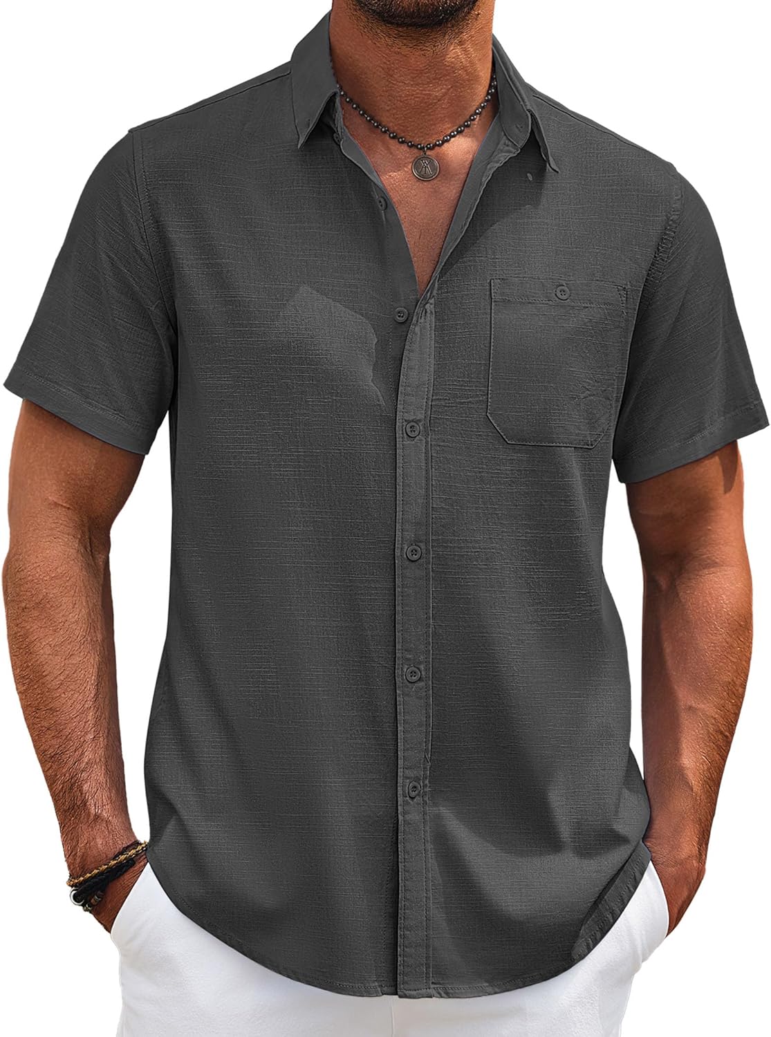COOFANDY Men's Cotton Linen Shirts Short Sleeve Casual Shirts Summer Button Down Shirt Linen Beach Vacation Shirt