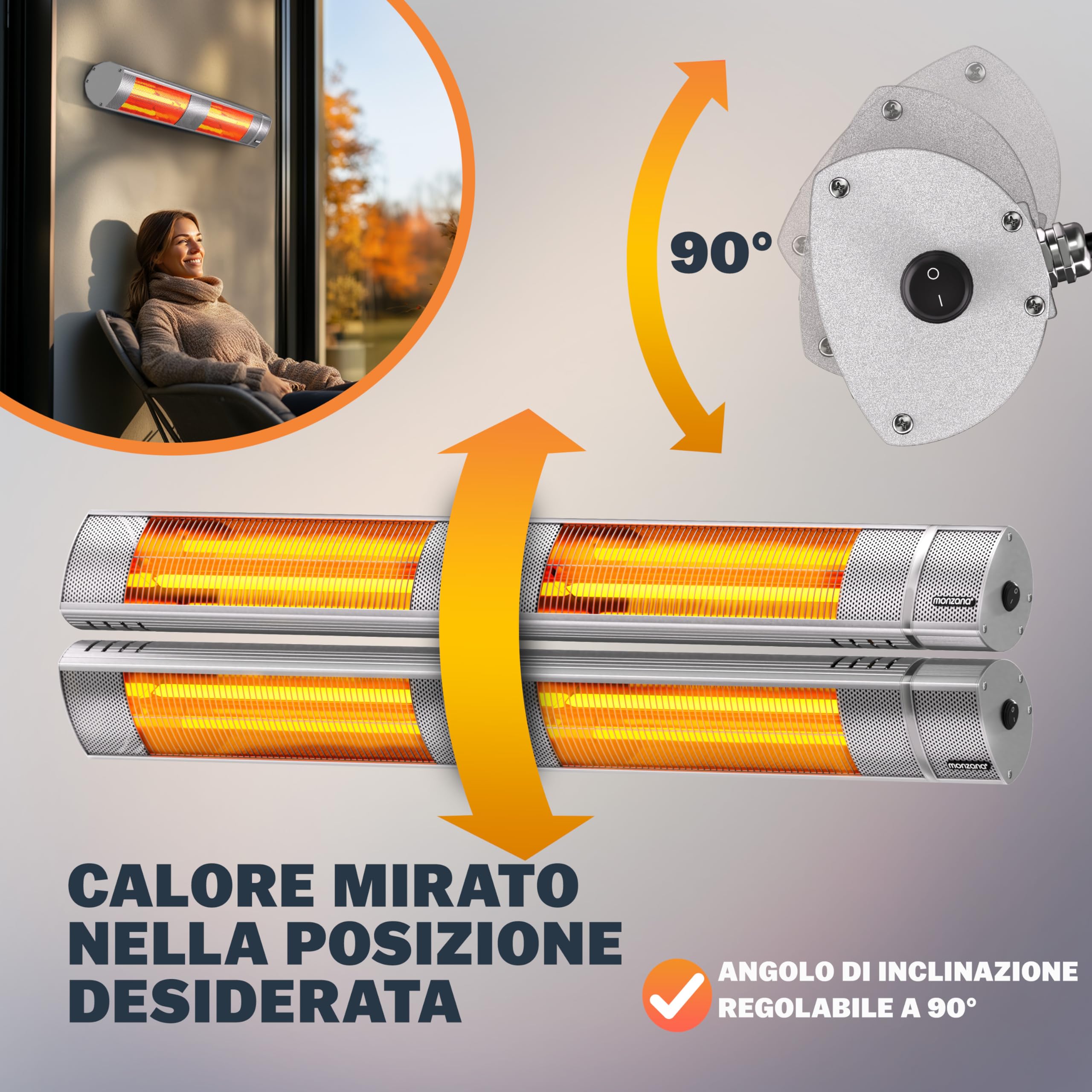 MONZANA® Stufa Elettrica a Infrarossi 3 Livelli di Calore 3000W Inclinabile di 90° Telecomando App IP55 Stufetta Fungo