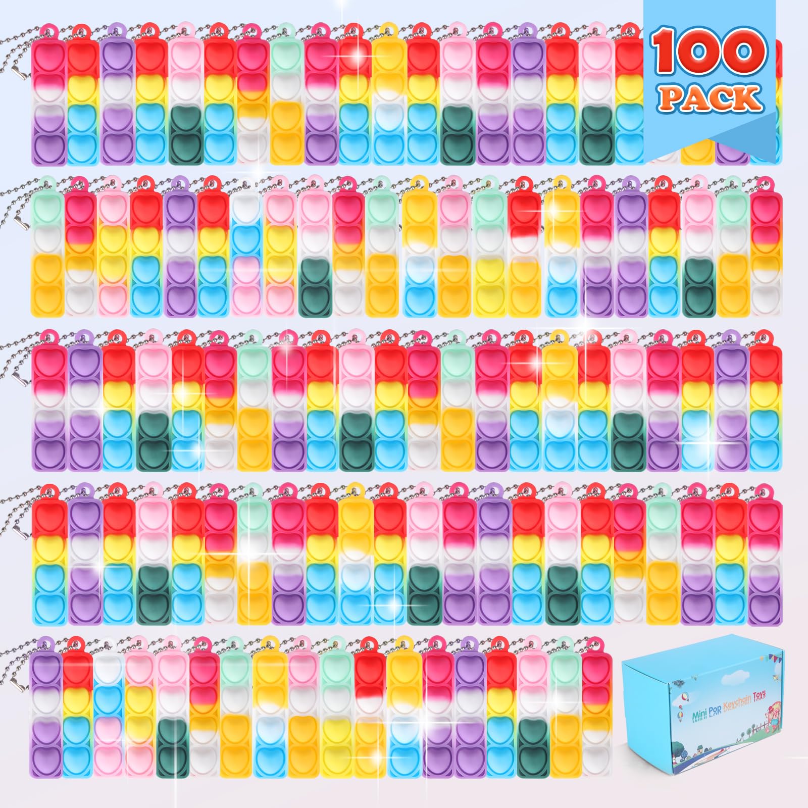 100 PCS Mini Pop Fidget It Heart Keyrings, Valentines Birthday Party Bag Fillers for Kids, Classroom Prizes, Silicone Sensory Keychain Toy for Adults Kids