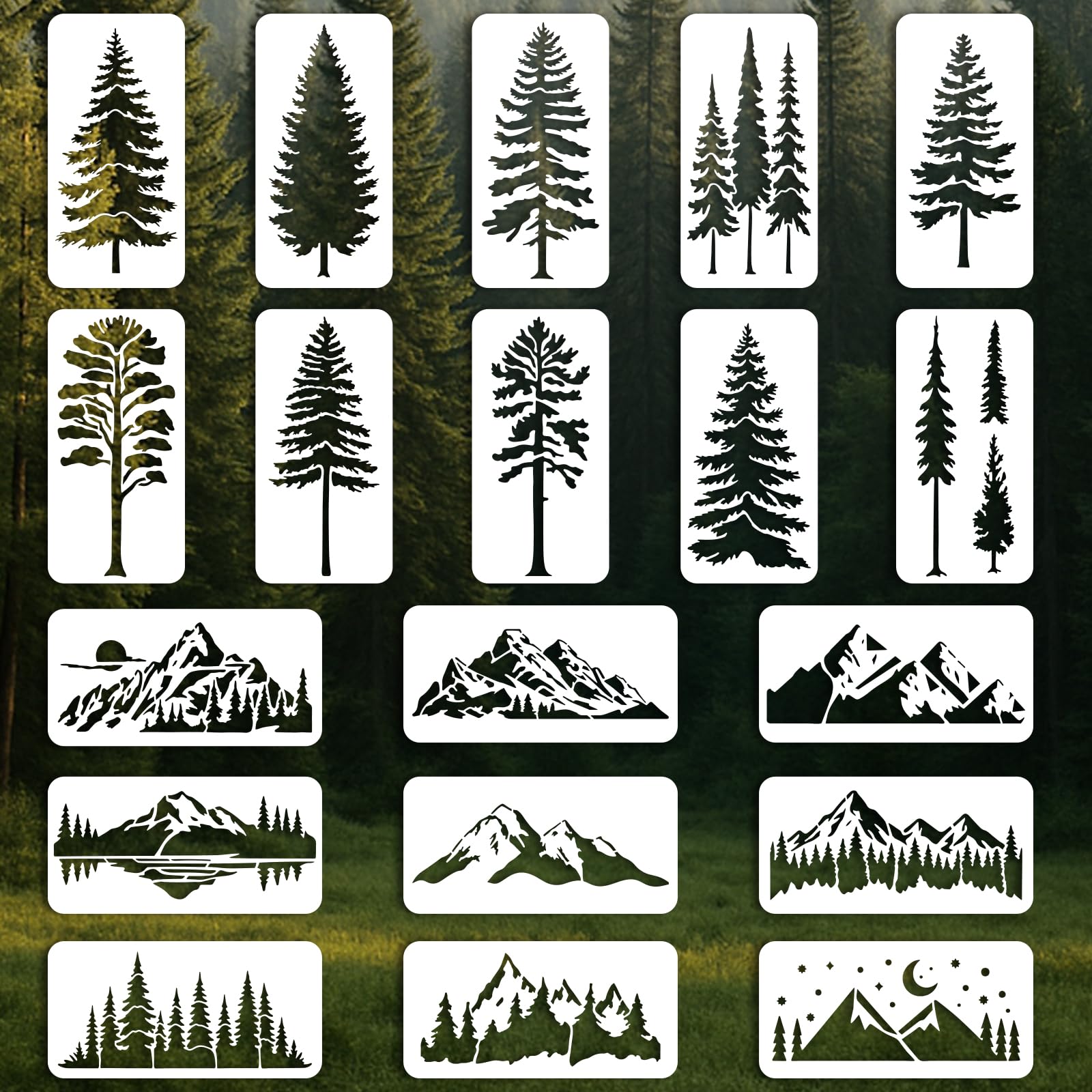 beinkmake 19Pcs Mountain Forest Stencil PET Painting Templates Pine Tree Inlay Border Stencils for Furniture Reusable DIY Craft for Wall Wood Fabric Canvas Paper Decor 3.94 x 7.87inch
