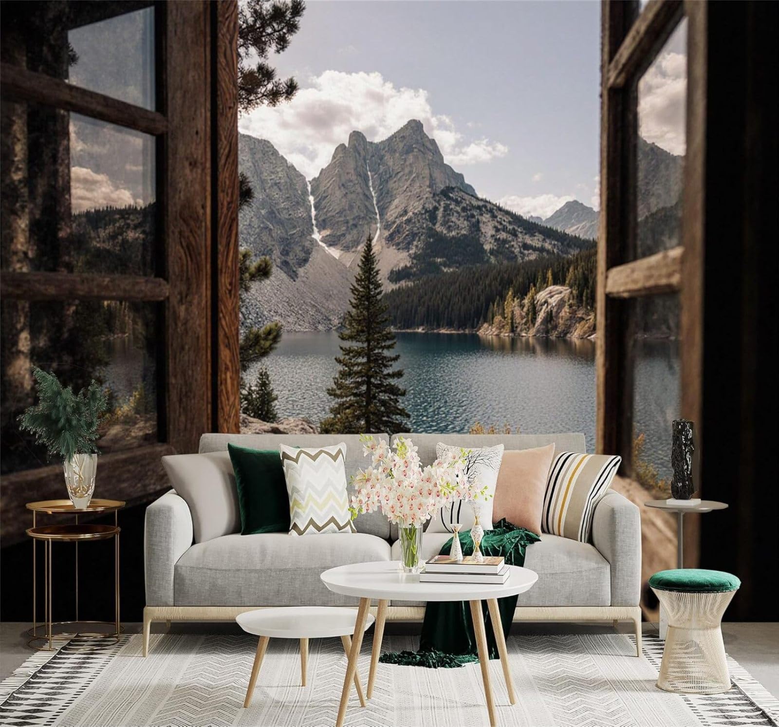 Xlming 350Cm×256Cm(B×H) Countryside Wooden Windows Pine Forests Lakes Scenery 3D Wallpaper Premium Textured Silk Study Dining Living Room Bedroom Sofa Tv Wall Easy Install-350Cm×256Cm
