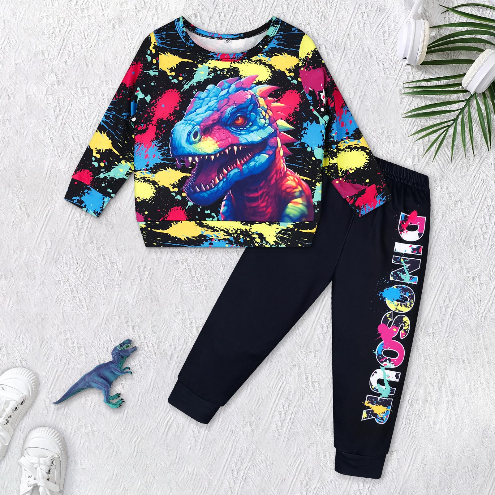 YIowcoo Toddler Boy Clothes 2PCS Long Sleeve Dinosaur Sweatshirt Pant Set Toddler Boy Outfits Fall Winter Spring 2-8Y