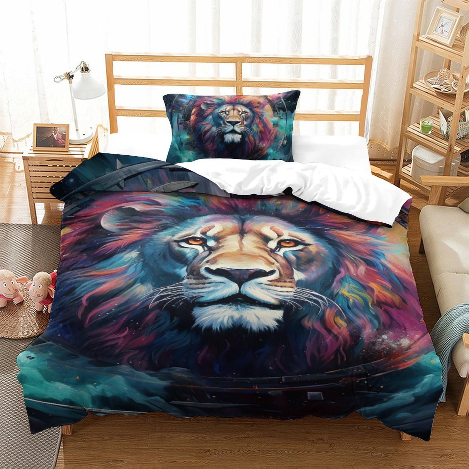 Housse de couette lion motif imprimé 3D parure de lit 2 pièces en microfibre