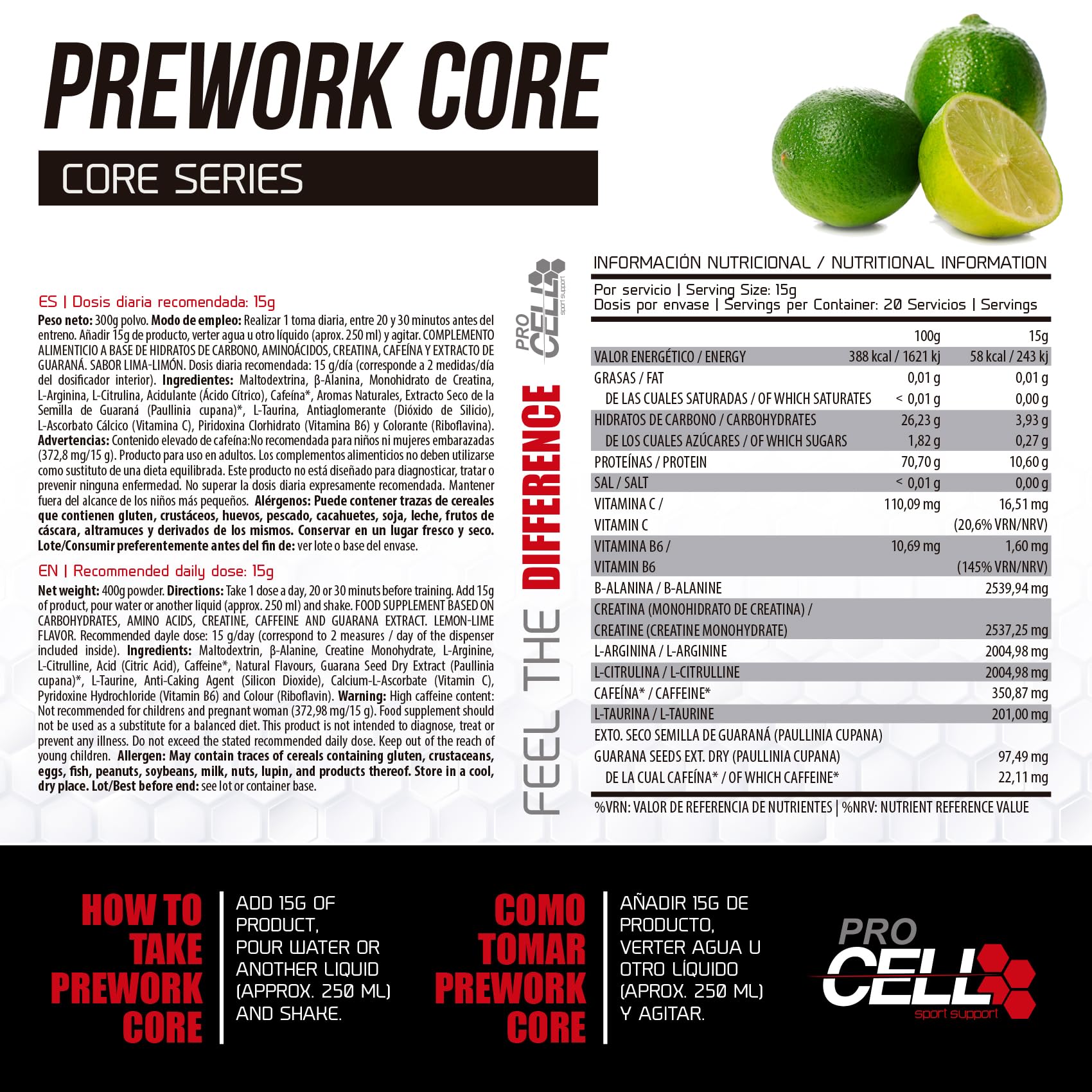 PreWorkCore | Pack x2 uds,. Pre Entreno con Creatina, Aminoácidos y Cafeína (600 gr) - Sabor Lima Limón, Sin Azúcar - Con Vitamina B6, C, Taurina, Guaraná - Pre Workout Gimnasio - Aumenta Fuerza