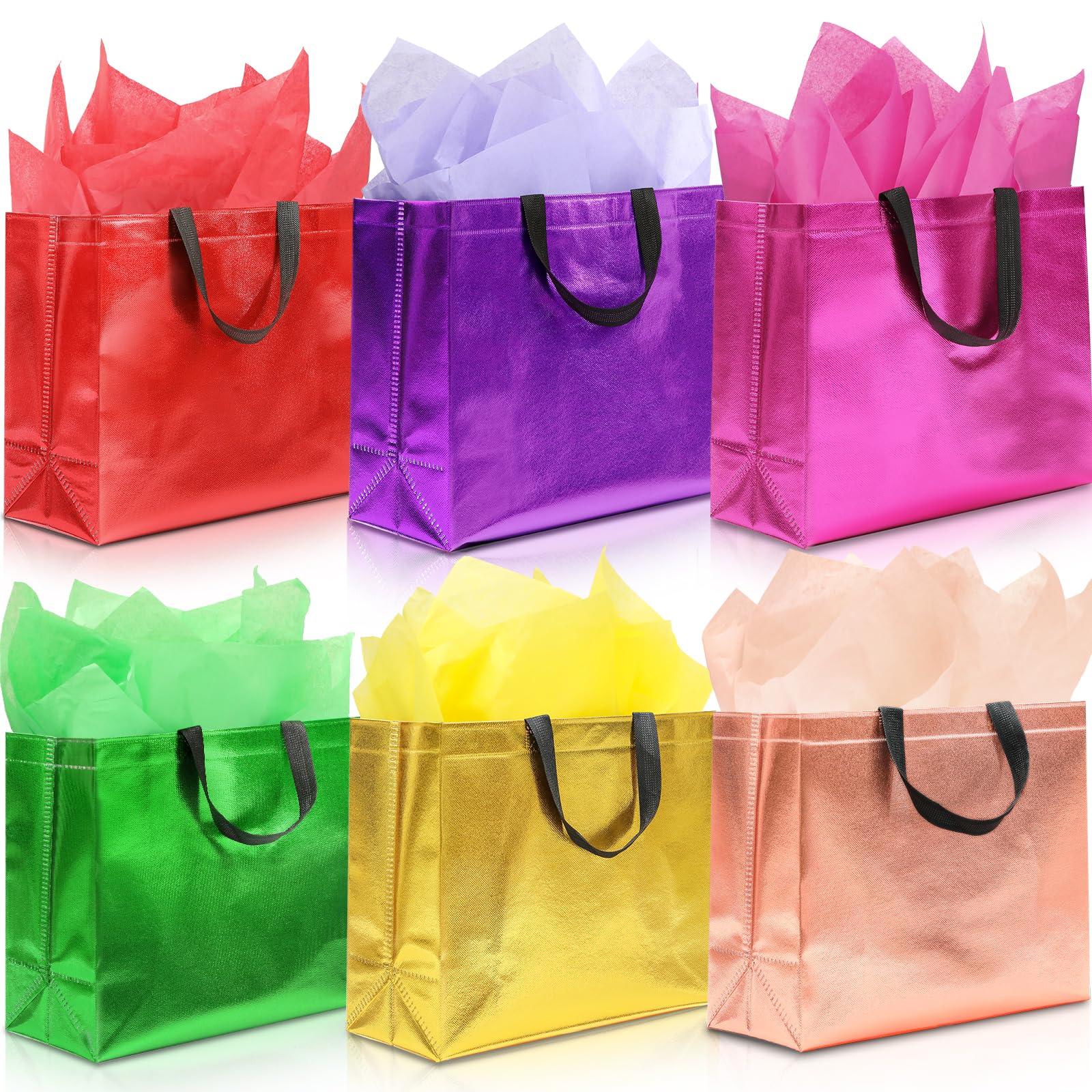 KeerxunBag 12Pcs Reusable Gift Bags（Includes Tissue Paper） Gift bag with handle Birthdays Parties Holidays Weddings Medium 13x5x11in colorful Gift