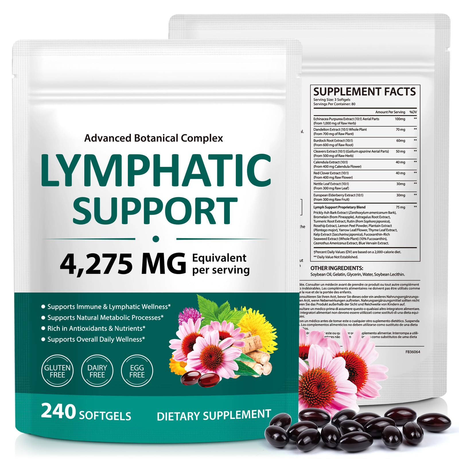 Liefiet Lymphatic Drainage Supplements 240 Softgels, 21-in-1 Herbal Blend with Echinacea, Dandelion & Burdock Root, Lymph System Supports Overall Daily Wellness for Women & Men